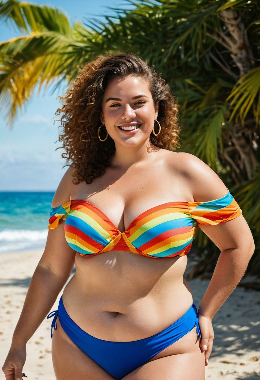 A confident plus-size woman flaunting her curves in a vibrant, bold bikini by a scenic beach, surrounded by sun and tropical plants. Showcase diverse bikini styles, like high-waisted and off-the-shoulder, in bright colors that pop against the serene blue ocean. Capture the joyous spirit of summer with waves gently lapping at her feet and a playful smile on her face. Emphasize inclusivity and empowerment in fashion, radiating body positivity. super-realistic. vibrant colors. sunny beach setting.
