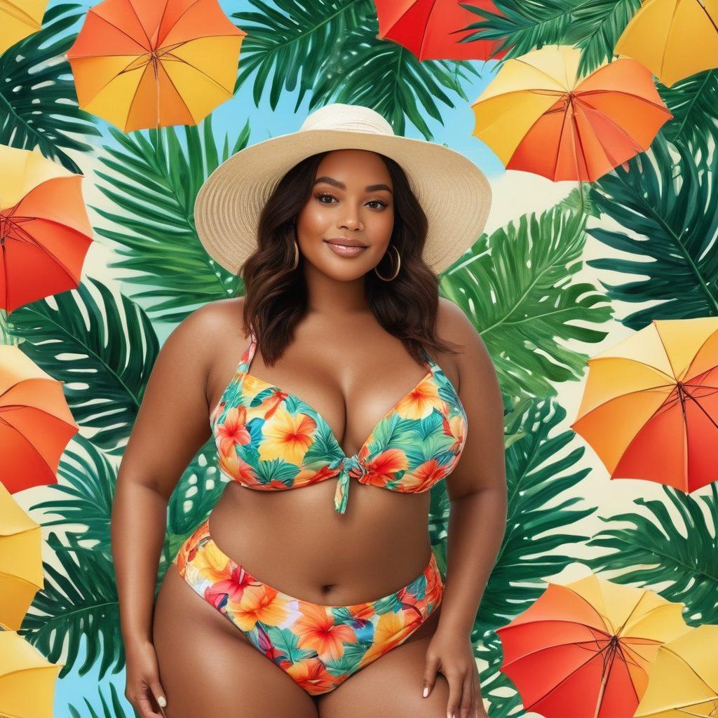 A vibrant summer scene showcasing curvy beauties radiating confidence in an array of stylish bikinis and beachwear, surrounded by colorful beach umbrellas and tropical palm trees. The sun is shining bright, with soft waves lapping at the shore, and a playful atmosphere enhances the body positivity vibe. Include diverse skin tones and body shapes to celebrate inclusivity. super-realistic. vibrant colors. beach setting.