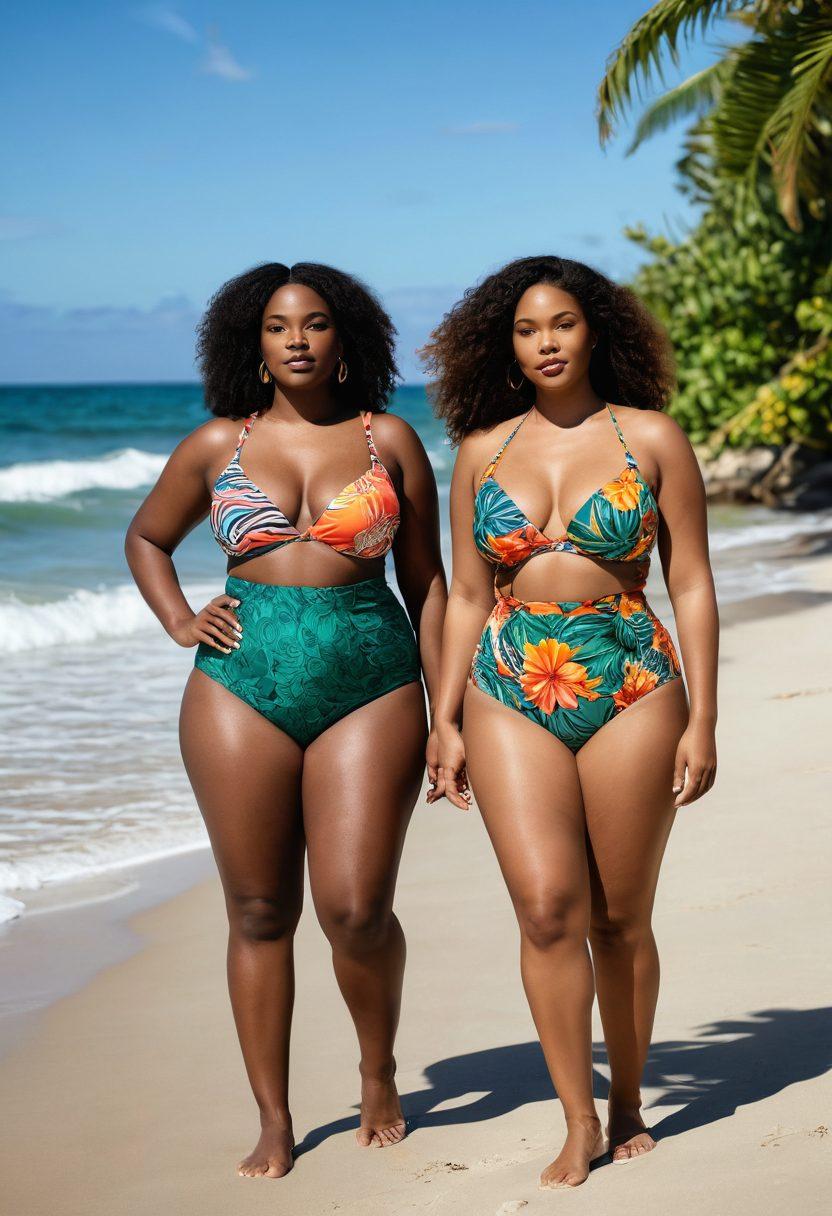 A striking fashion scene showcasing diverse models in curvy swimwear, gracefully posing on a sun-kissed beach with gentle waves in the background. Each model exudes confidence, displaying unique styles that range from bold patterns to elegant silhouettes, surrounded by tropical foliage. Emphasize vibrant colors and the essence of self-celebration. The composition should inspire body positivity and inclusivity. super-realistic. vibrant colors. beach setting.